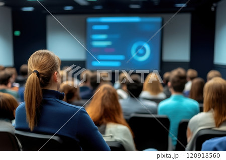 Audience attentively listening to a presentation in a modern conference room 120918560