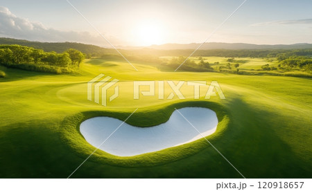 A serene golf course with a heart-shaped pond reflecting the morning sun, surrounded by lush green grass and rolling hills, inviting players for a peaceful game. 120918657