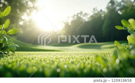 A serene view of a lush green golf course bathed in soft sunlight, with gentle rolling hills and vibrant foliage creating a peaceful and inviting atmosphere. 120918658