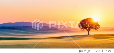 A solitary tree stands gracefully in a serene landscape at sunrise, surrounded by rolling hills and a gentle mist, creating a peaceful and breathtaking natural scene. 120918659