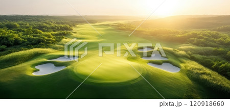 A stunning aerial view of a golf course during sunrise, showcasing lush green fairways, sand traps, and vibrant nature in the background. 120918660