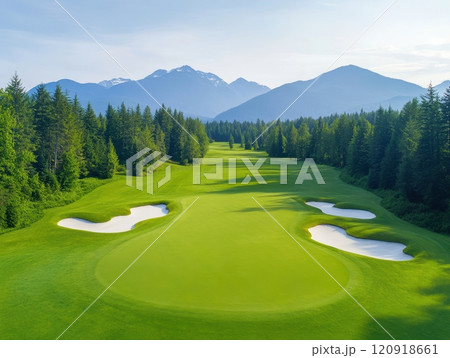 A stunning aerial view of a golf course lined with lush trees and serene ponds, framed by majestic mountains in the background under a clear blue sky. 120918661