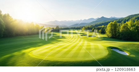 A stunning view of a golf course showcasing lush green fairways, surrounded by trees and mountains under a clear blue sky during golden hour. 120918663