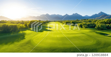 A stunning view of a lush green golf course surrounded by majestic mountains under a clear blue sky, capturing the beauty of nature in full bloom. 120918664