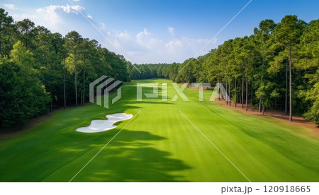 Aerial view of a serene golf course featuring lush green grass, sand traps, and a backdrop of tall trees under a bright blue sky with scattered clouds. 120918665