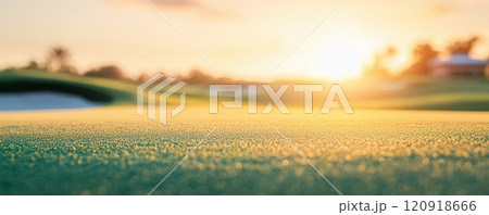 Beautiful golf course landscape at sunset, showcasing vibrant hues and serene atmosphere, ideal for sports enthusiasts and nature lovers. 120918666