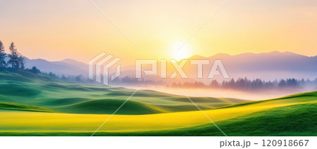 Breathtaking sunset over rolling green hills, casting golden hues on the tranquil landscape, perfect for nature enthusiasts and landscape photography. 120918667