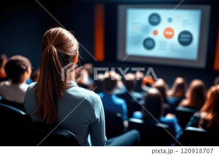 Audience attentively watching a business presentation in modern auditorium 120918707