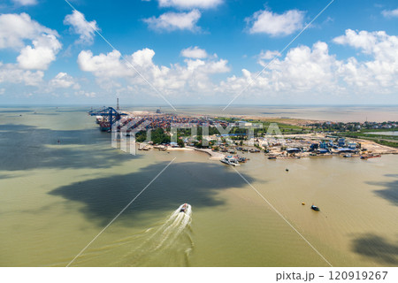 Aerial view, top view cargo ship port in the export, import business and logistics international goods in Cat Ba Islands, Hai Phong City, Vietnam 120919267