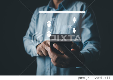 man holding command prompt ai chat bot. Big data storage.Digital Artificial Intelligence technology disruption concept. use AI to generate management service technology support in the business. 120919411