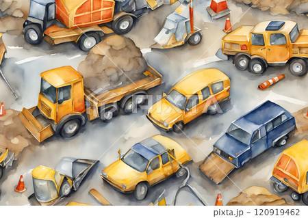 ダンプカーに積まれたアスファルトをタイヤショベルで運ぶ作業 120919462