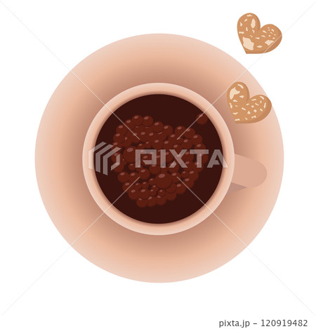 Beige cup of coffee with heart-shaped foam and a couple of cute heart cookies. Romantic love concept. Vector illustration isolated on white background. Beige cup of coffee with heart-shaped foam and a couple of cute heart cookies. Romantic love concept. Vector illustration isolated on white background. 120919482