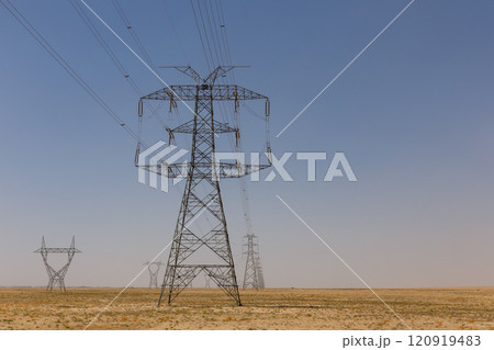 Electric power transmission lines in the arid landscape of Afghanistan under clear skies Electric power transmission lines in the arid landscape of Afghanistan under clear skies 120919483