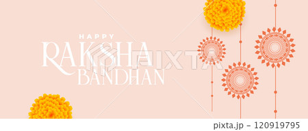 happy raksha bandhan traditional banner with flat rakhi and marigold flower 120919795