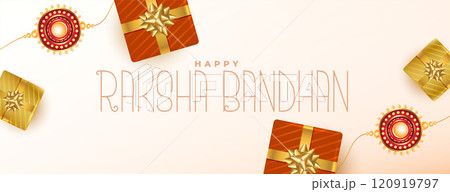 ethnic raksha bandhan festival banner with gift boxes and rakhi design 120919797