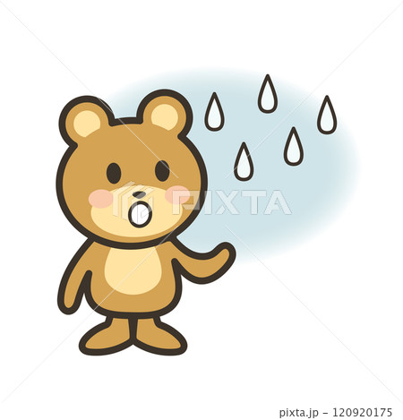 ポツポツと小雨が降ってきたので空を見上げるかわいいくまさんのイラスト 120920175