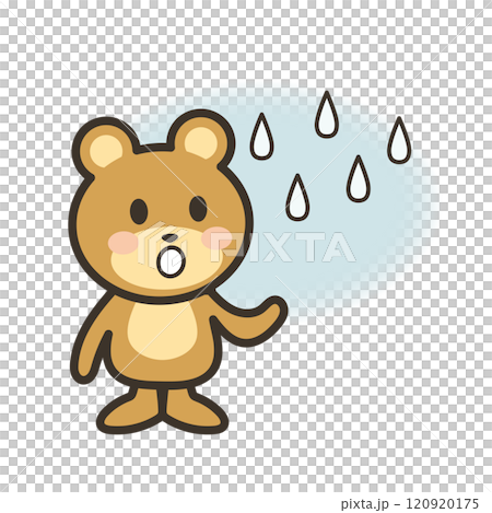 ポツポツと小雨が降ってきたので空を見上げるかわいいくまさんのイラスト 120920175