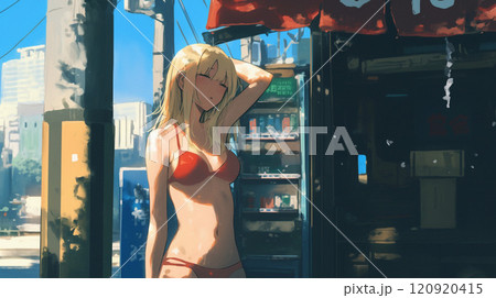 街の中でクリスマスビキニを着た金髪女性 120920415