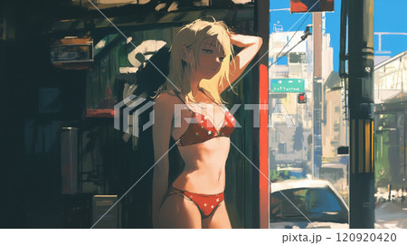 街の中でクリスマスビキニを着た金髪女性 120920420