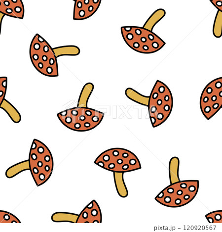 Seamless Pattern with Mushroom Fly Agaric. Red Mushroom with White Spots. Toxic Mushroom Repeating Background. 120920567