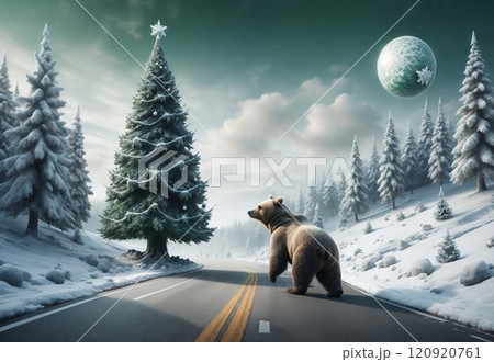 a long road going through a winter snowy forest 120920761