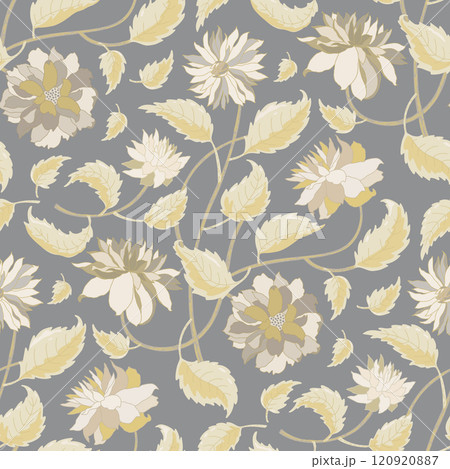 Vintage floral pattern, featuring soft, muted tones of yellow and gray. Large dahlia flowers and flowing leaves 120920887