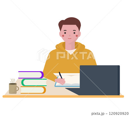 パソコンとノートを使って受験勉強をする学生。ベクターイラスト	 120920920