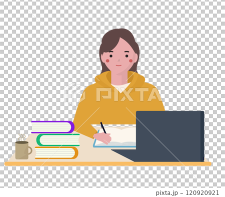 パソコンとノートを使って受験勉強をする学生。ベクターイラスト パソコンとノートを使って受験勉強をする学生。ベクターイラスト 120920921