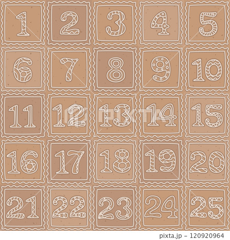 Christmas gingerbread cookie advent calendar shapes. Winter homemade traditional sweet bakery. Flat cartoon vector illustration. Christmas gingerbread cookie advent calendar shapes. Winter homemade traditional sweet bakery. Flat cartoon vector illustration. 120920964