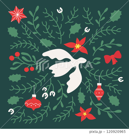 Winter peace Christmas composition with fir twigs, dove, toys, flowers. Cute retro vector background for card, banner, holiday invitation. Winter peace Christmas composition with fir twigs, dove, toys, flowers. Cute retro vector background for card, banner, holiday invitation. 120920965