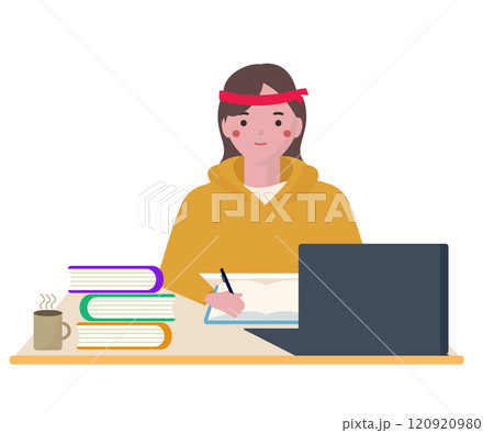 受験勉強をする学生の女の子。ハチマキを巻いて一生懸命勉強をする。ベクターイラスト	 120920980