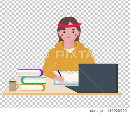 受験勉強をする学生の女の子。ハチマキを巻いて一生懸命勉強をする。ベクターイラスト	 120920980
