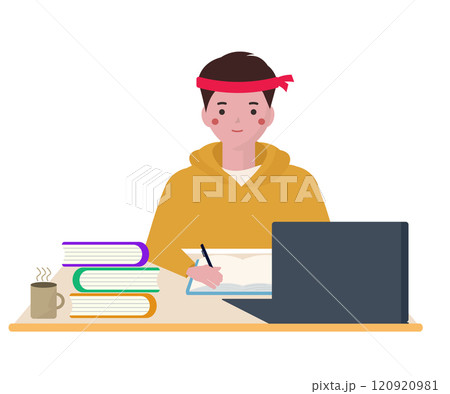 受験勉強をする学生。ハチマキを巻いて一生懸命勉強をする。ベクターイラスト	 120920981