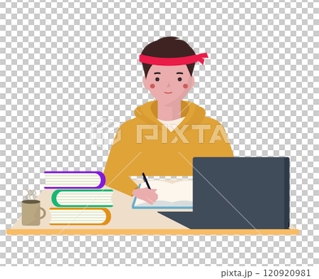 受験勉強をする学生。ハチマキを巻いて一生懸命勉強をする。ベクターイラスト	 120920981