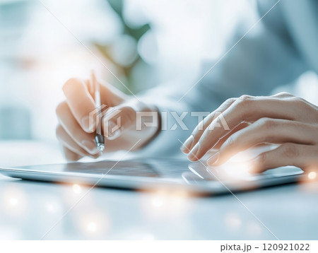 Close-up of hands using a stylus on a digital tablet, capturing the essence of modern technology and creativity in business. 120921022
