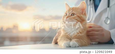 A cute ginger cat being examined by a veterinarian in a bright clinic, with a sunny cityscape in the background, showcasing a caring environment for pets. 120921049