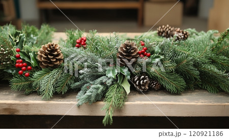 A Christmas wreath-making workshop with fresh pine branches, holly berries on a rustic wooden table with a festive atmosphere. AI generated. 120921186
