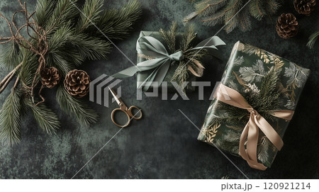 Top view of a crafting table for Christmas gifts wrapping with festive gold ribbons, pine branches, and a scissor. AI generated. 120921214