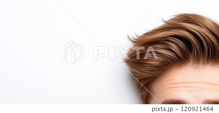 Stylish hair with highlights, showcasing modern look and texture. close up emphasizes hair volume and shine against clean background Stylish hair with highlights, showcasing modern look and texture. close up emphasizes hair volume and shine against clean background 120921464