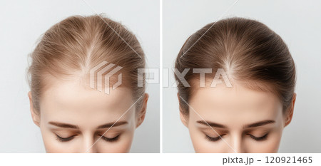 top down view of woman head showing noticeable hair thinning and fuller hairstyle. image captures contrast between two styles, highlighting hair health and beauty 120921465