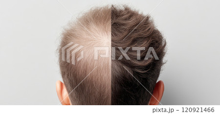 Top down view of head showing noticeable hair thinning on one side and fuller hair on other, illustrating hair loss contrast and its emotional impact Top down view of head showing noticeable hair thinning on one side and fuller hair on other, illustrating hair loss contrast and its emotional impact 120921466