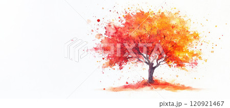 vibrant autumn tree with watercolor leaves in brilliant hues of orange and red, showcasing beauty of fall. artistic splashes create lively atmosphere 120921467