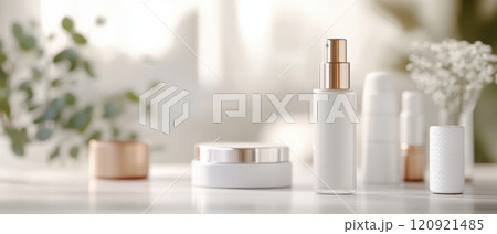Luxurious cosmetics displayed elegantly, featuring spray bottle, cream jar, and minimalist design elements. Perfect for beauty enthusiasts and skincare lovers Luxurious cosmetics displayed elegantly, featuring spray bottle, cream jar, and minimalist design elements. Perfect for beauty enthusiasts and skincare lovers 120921485