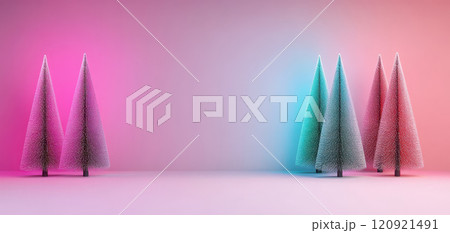 Futuristic Christmas trees with vibrant pink and blue lighting create magical atmosphere. Perfect for holiday themes and festive decorations 120921491