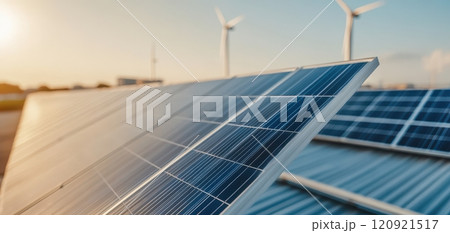 A close-up view of solar panels capturing sunlight, with wind turbines in the background, symbolizing renewable energy and sustainable technology. A close-up view of solar panels capturing sunlight, with wind turbines in the background, symbolizing renewable energy and sustainable technology. 120921517