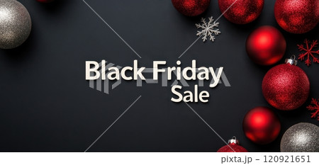 Stylish Black Friday sale design featuring red and silver ornaments on a dark background, perfect for attracting shoppers during holiday sales. 120921651