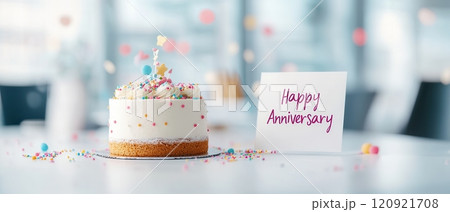 Delicious anniversary cake adorned with colorful toppings and a greeting card, set against a bright, modern background. 120921708