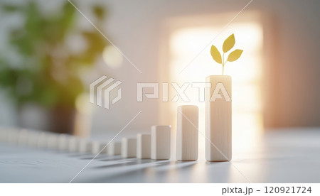 A close-up image depicting growth and sustainability, showing ascending white bars with a single green sprout emerging from the top, symbolizing eco-friendly development. 120921724