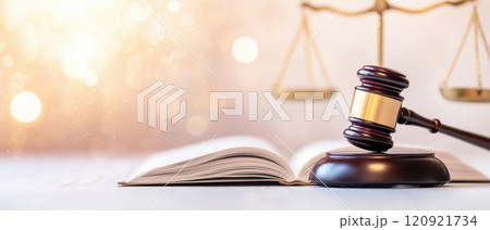 A gavel resting on an open law book with a blurred background of scales representing justice. Ideal for legal themes and courtroom imagery. 120921734