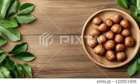 A wooden bowl filled with delicious hazelnuts, surrounded by vibrant green leaves on a rustic wooden table, showcasing the natural beauty and rich texture of the nuts. 120921906